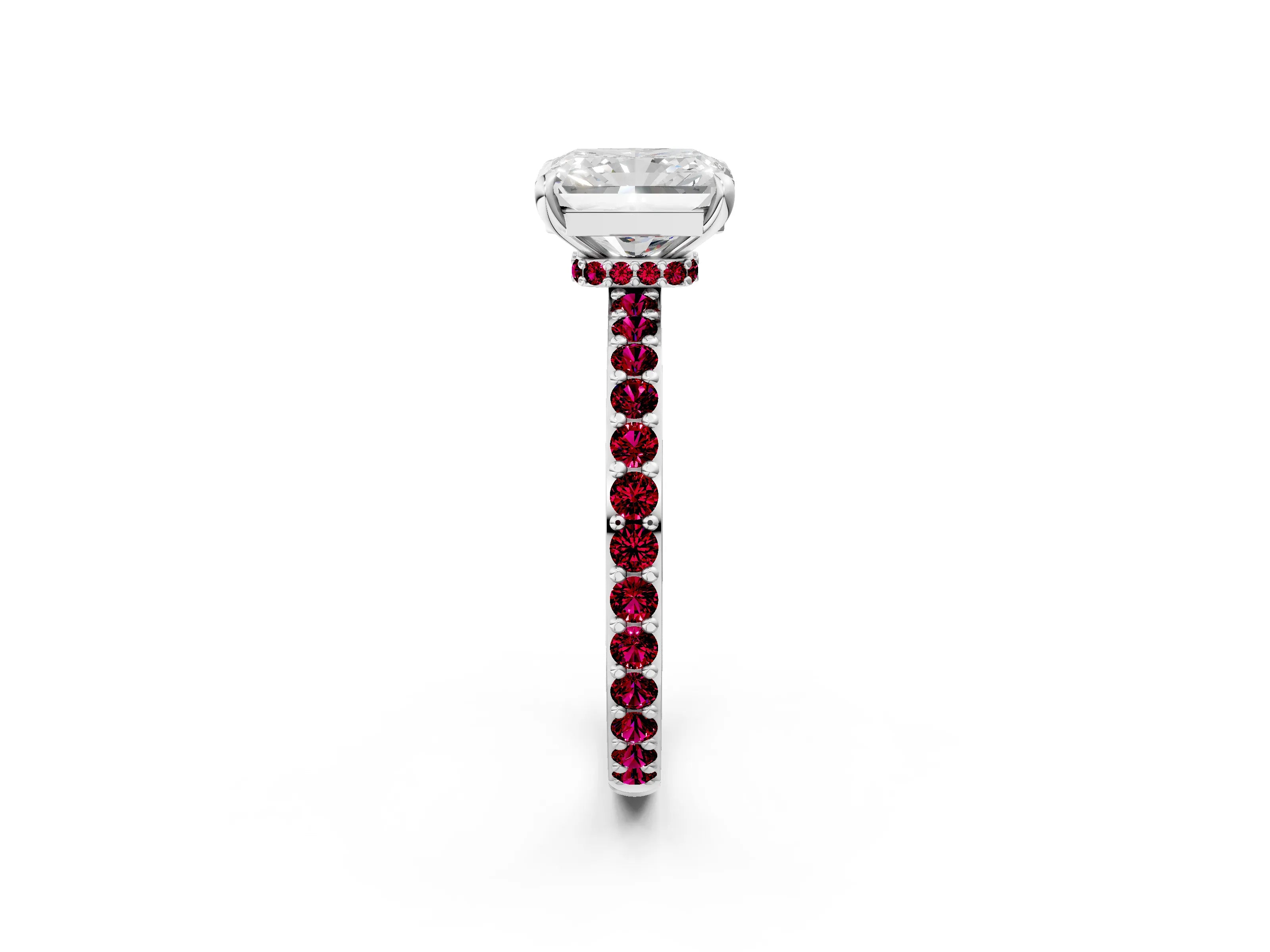 White gold Radiant Cut Diamond Pavé Engagement Ring with Round with Garnet side stone Accents and Prong Setting_14