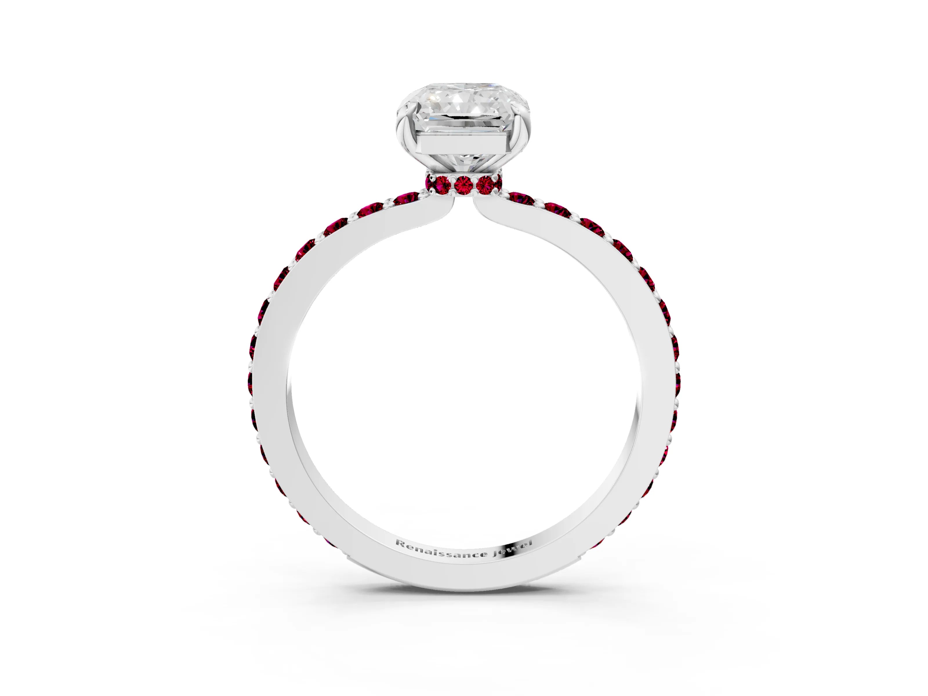White gold Radiant Cut Diamond Pavé Engagement Ring with Round with Garnet side stone Accents and Prong Setting_15