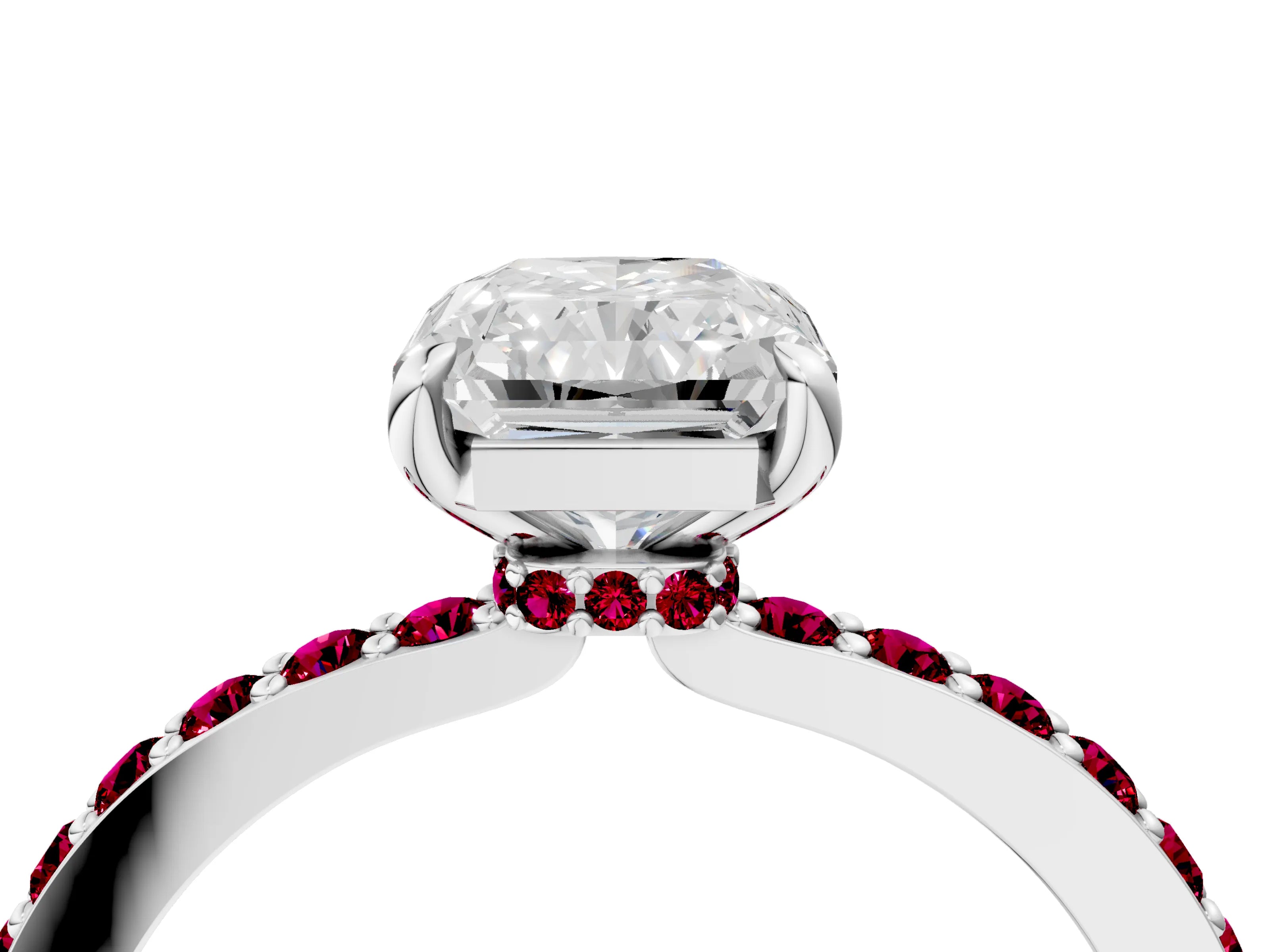 White gold Radiant Cut Diamond Pavé Engagement Ring with Round with Garnet side stone Accents and Prong Setting_16