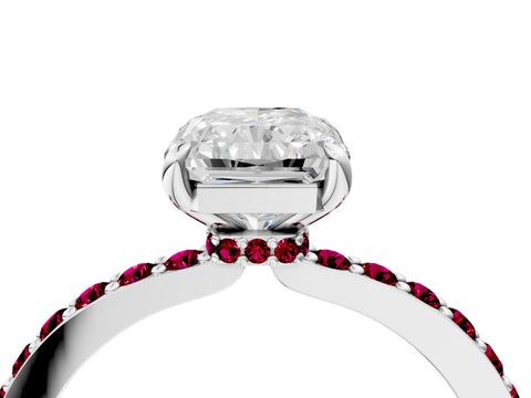 White gold Radiant Cut Diamond Pavé Engagement Ring with Round with Garnet side stone Accents and Prong Setting_16