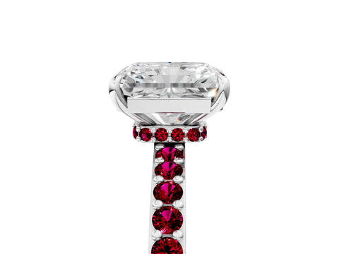 White gold Radiant Cut Diamond Pavé Engagement Ring with Round with Garnet side stone Accents and Prong Setting_17