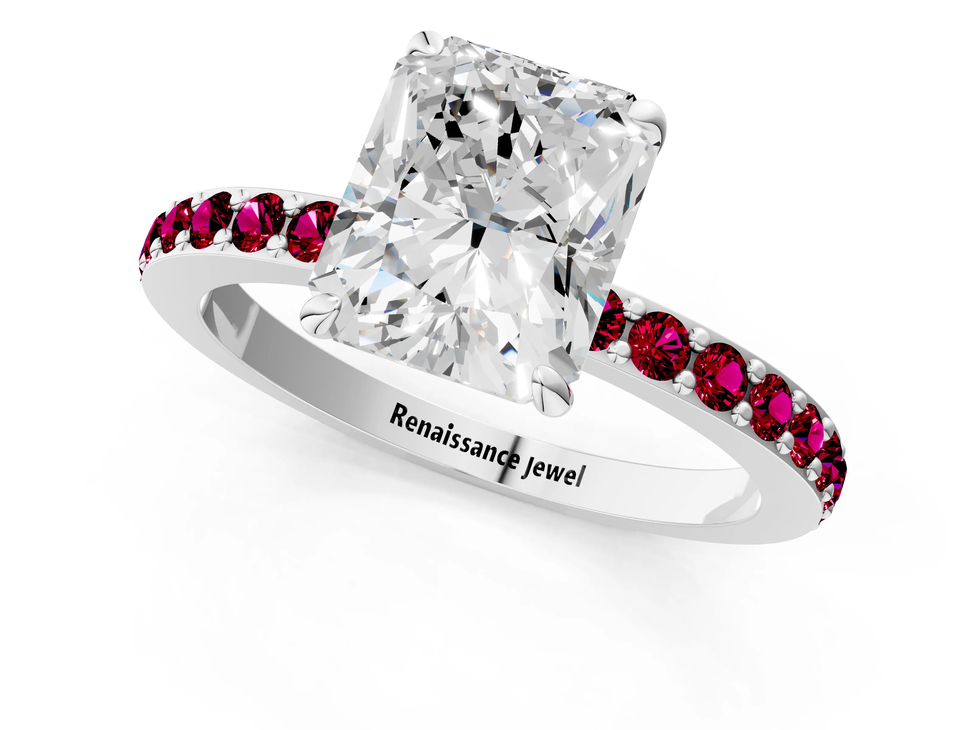 White gold Radiant Cut Diamond Pavé Engagement Ring with Round with Garnet side stone Accents and Prong Setting_25