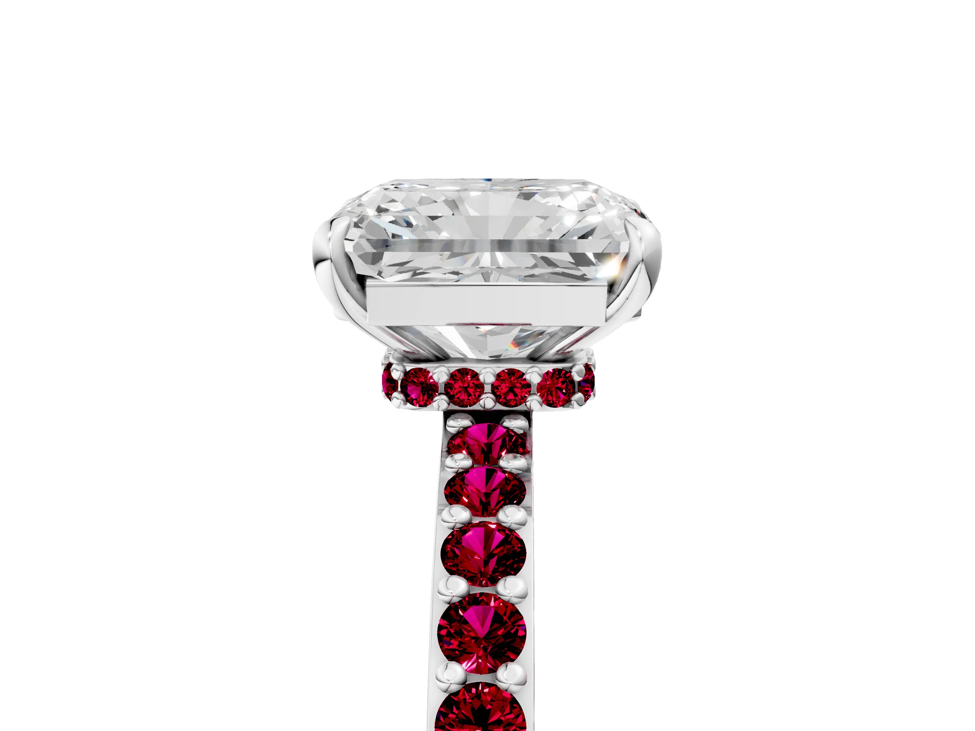 White gold Radiant Cut Diamond Pavé Engagement Ring with Round with Garnet side stone Accents and Prong Setting_29