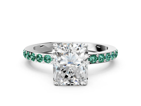 White gold Radiant Cut Diamond Pavé Engagement Ring with Round with Green Sapphire side stone Accents and Prong Setting_24