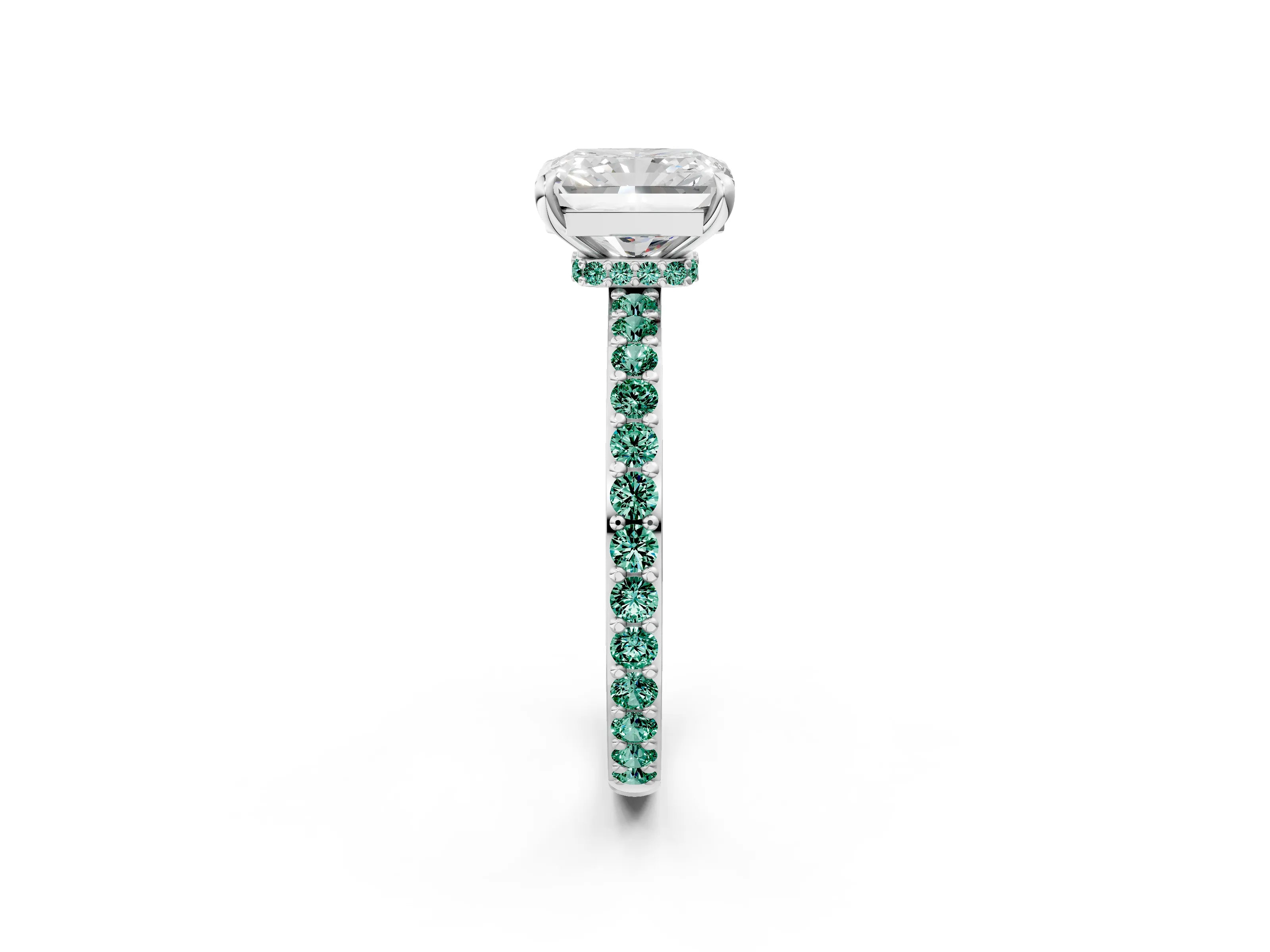 White gold Radiant Cut Diamond Pavé Engagement Ring with Round with Green Sapphire side stone Accents and Prong Setting_26