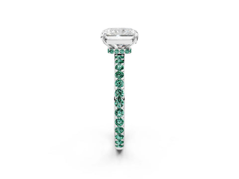 White gold Radiant Cut Diamond Pavé Engagement Ring with Round with Green Sapphire side stone Accents and Prong Setting_26