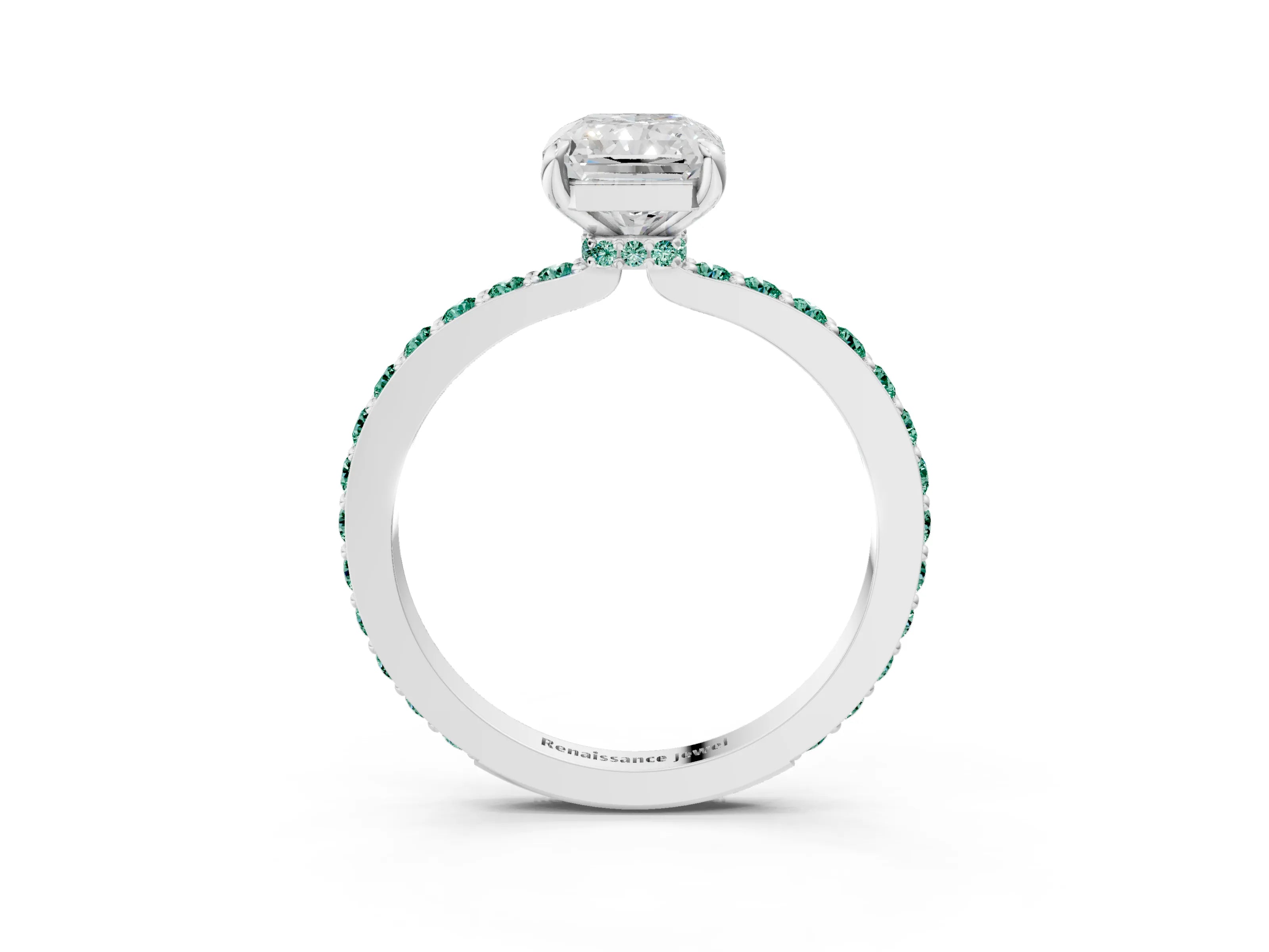 White gold Radiant Cut Diamond Pavé Engagement Ring with Round with Green Sapphire side stone Accents and Prong Setting_27