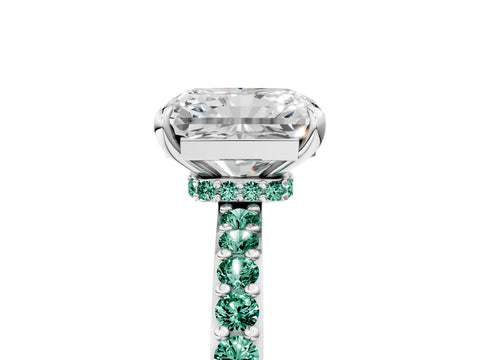 White gold Radiant Cut Diamond Pavé Engagement Ring with Round with Green Sapphire side stone Accents and Prong Setting_29