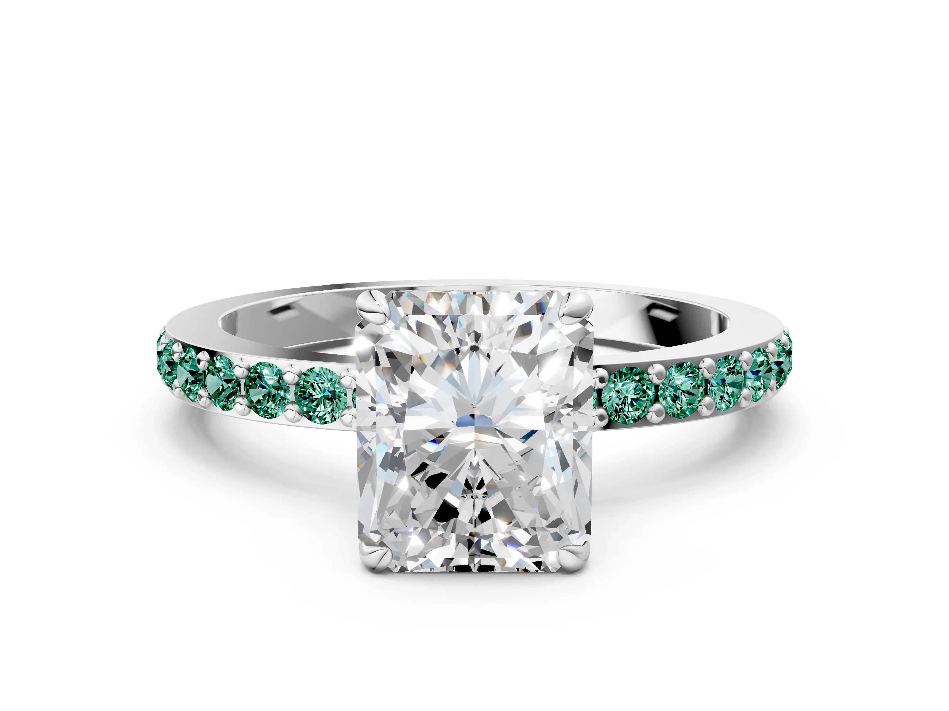 White gold Radiant Cut Diamond Pavé Engagement Ring with Round with Green Sapphire side stone Accents and Prong Setting_36