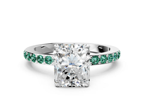 White gold Radiant Cut Diamond Pavé Engagement Ring with Round with Green Sapphire side stone Accents and Prong Setting_36