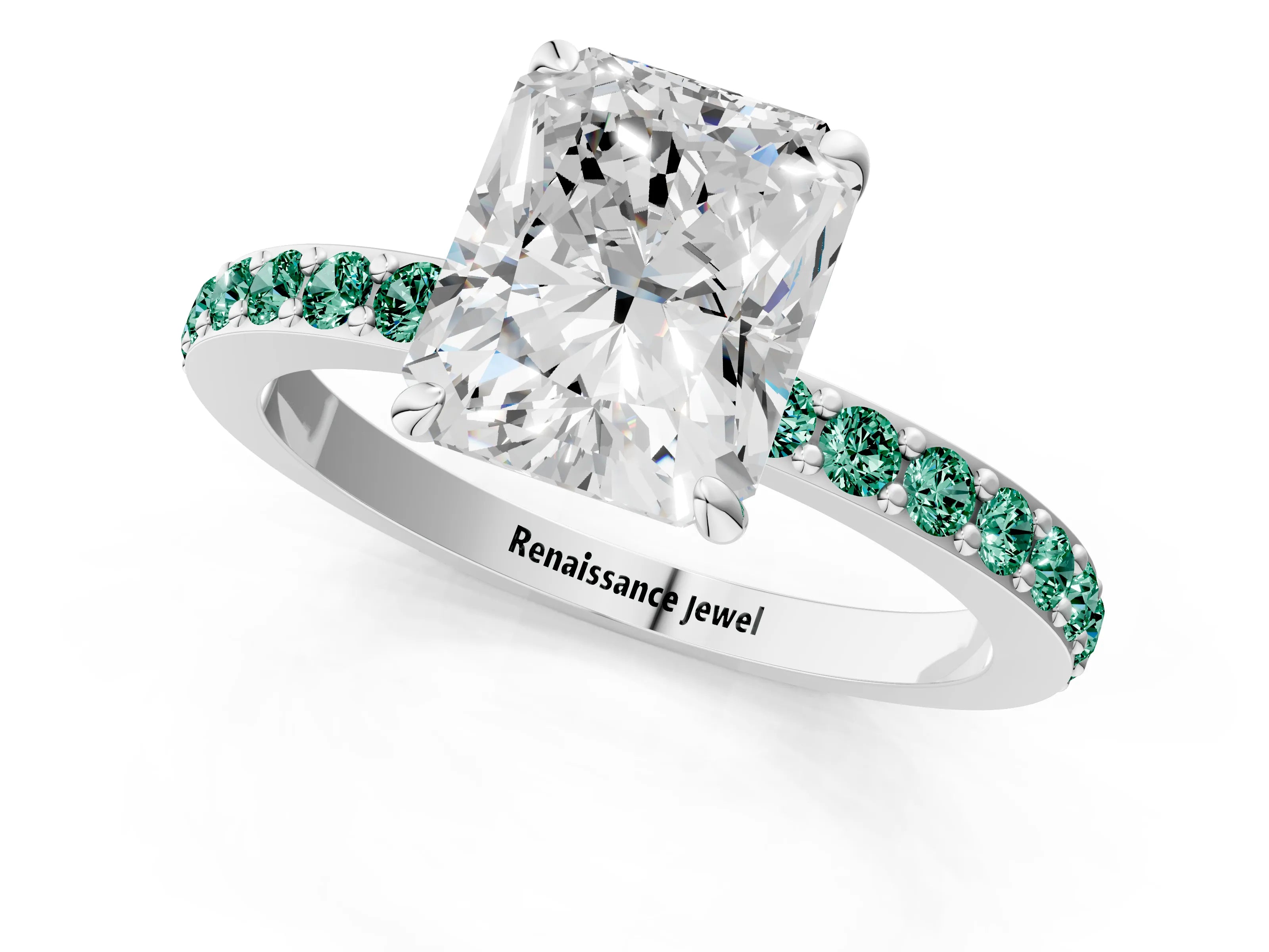White gold Radiant Cut Diamond Pavé Engagement Ring with Round with Green Sapphire side stone Accents and Prong Setting_37