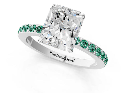White gold Radiant Cut Diamond Pavé Engagement Ring with Round with Green Sapphire side stone Accents and Prong Setting_37