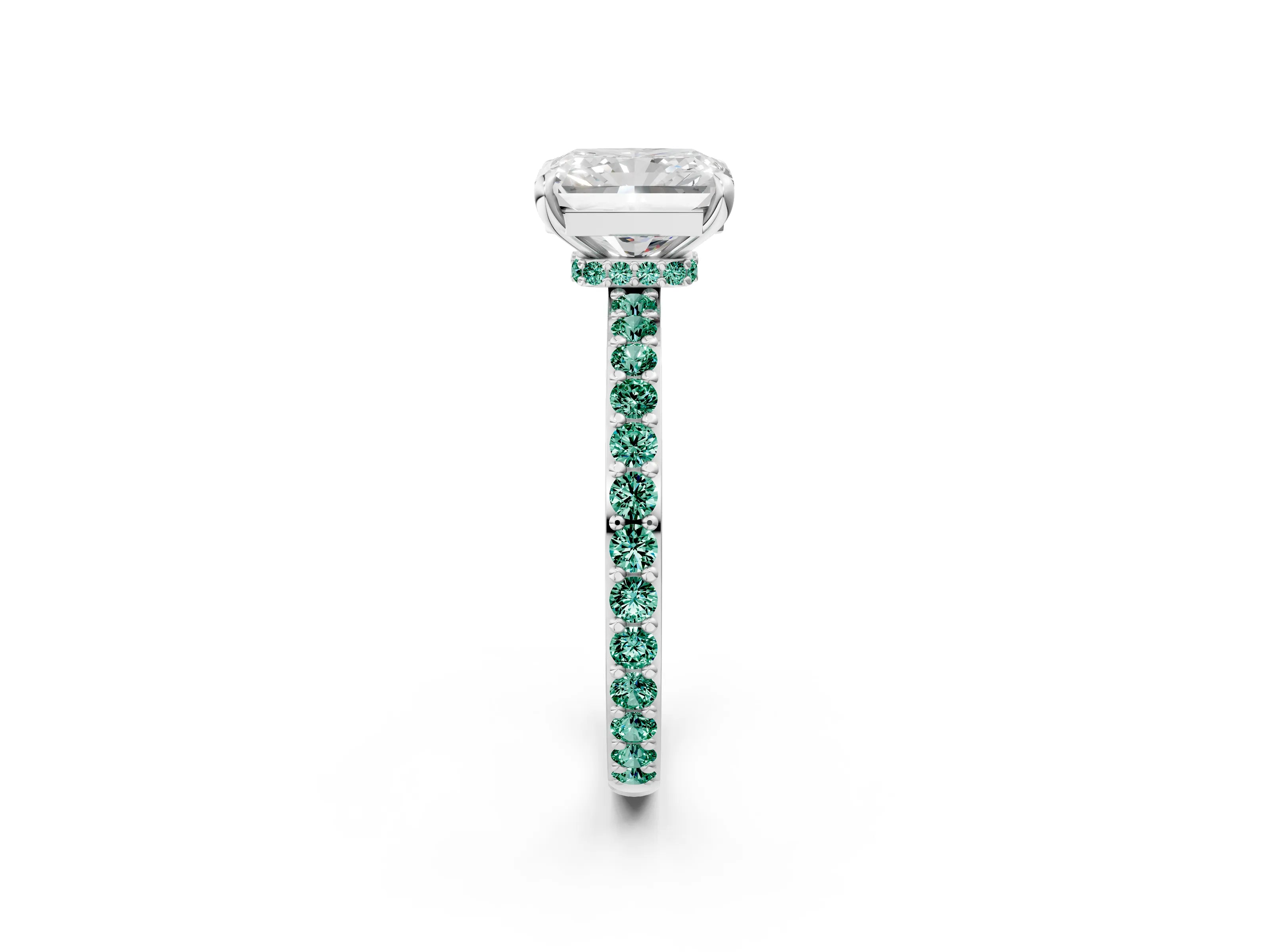 White gold Radiant Cut Diamond Pavé Engagement Ring with Round with Green Sapphire side stone Accents and Prong Setting_38