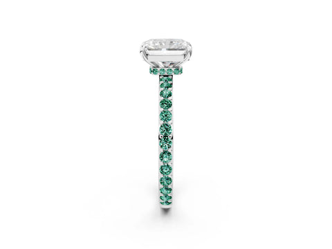 White gold Radiant Cut Diamond Pavé Engagement Ring with Round with Green Sapphire side stone Accents and Prong Setting_38