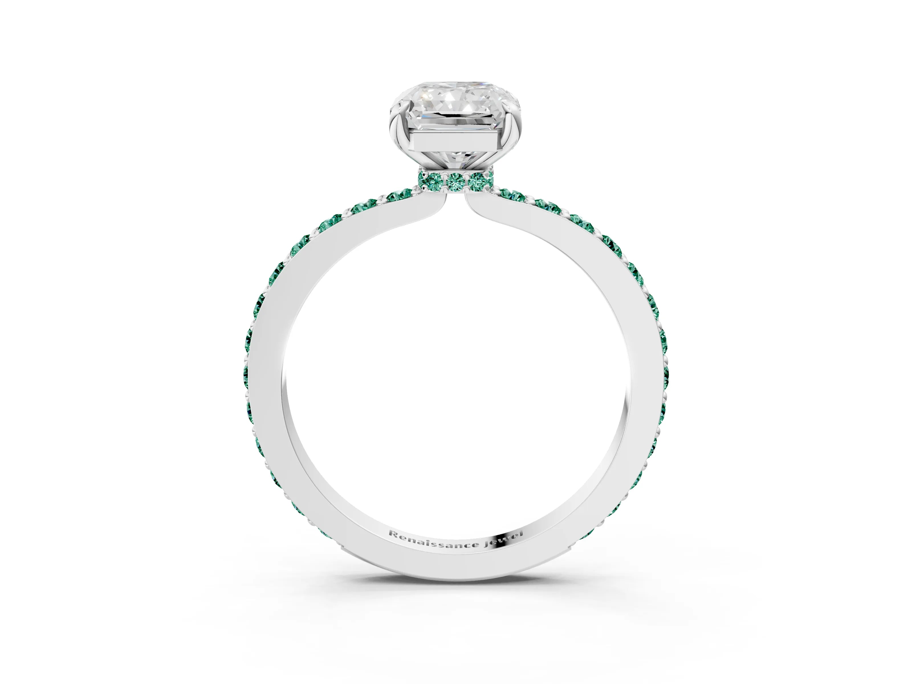 White gold Radiant Cut Diamond Pavé Engagement Ring with Round with Green Sapphire side stone Accents and Prong Setting_39