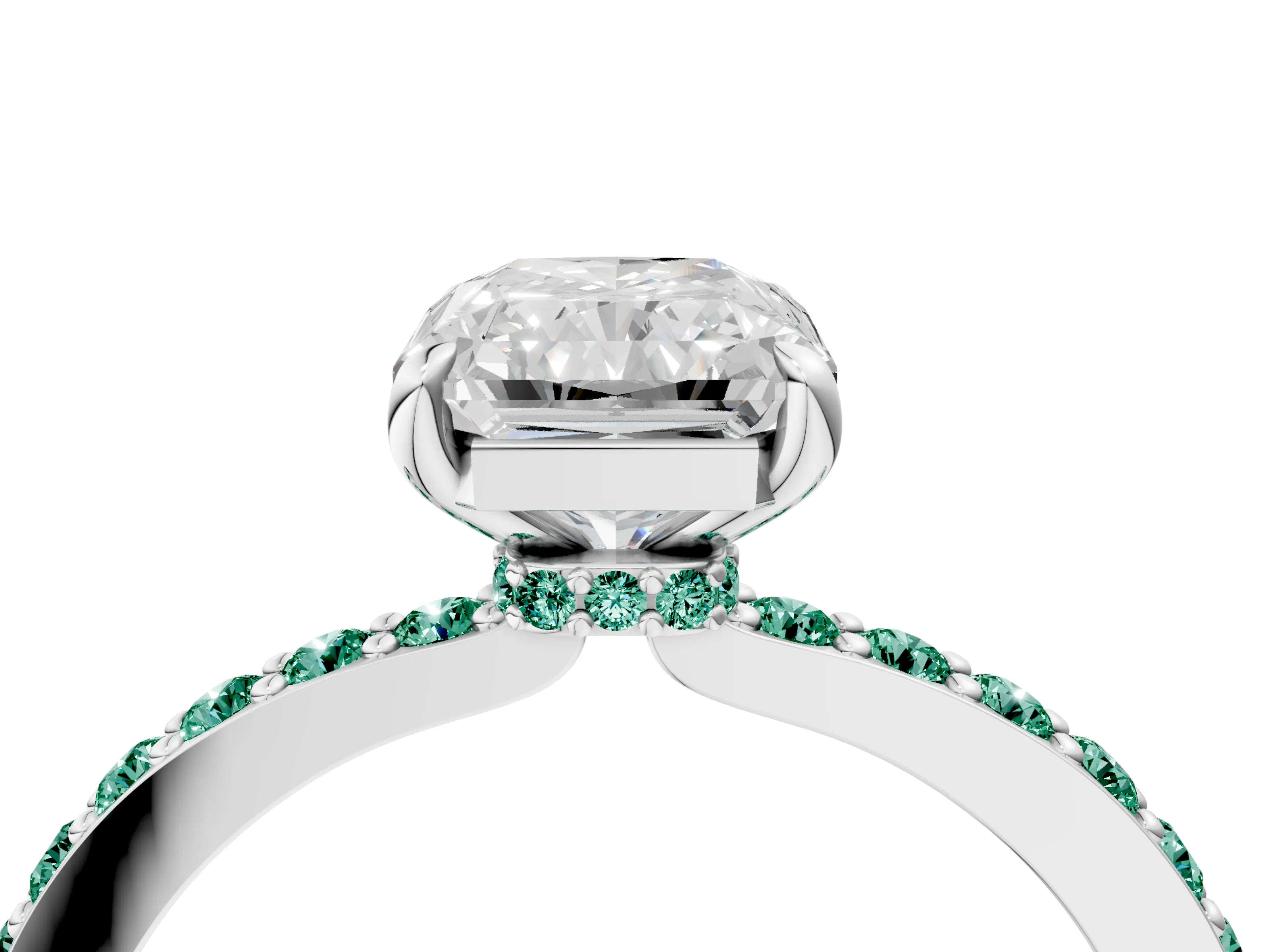 White gold Radiant Cut Diamond Pavé Engagement Ring with Round with Green Sapphire side stone Accents and Prong Setting_40