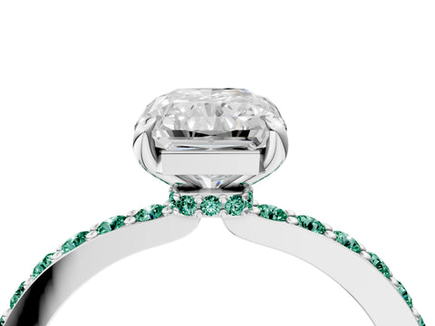 White gold Radiant Cut Diamond Pavé Engagement Ring with Round with Green Sapphire side stone Accents and Prong Setting_40