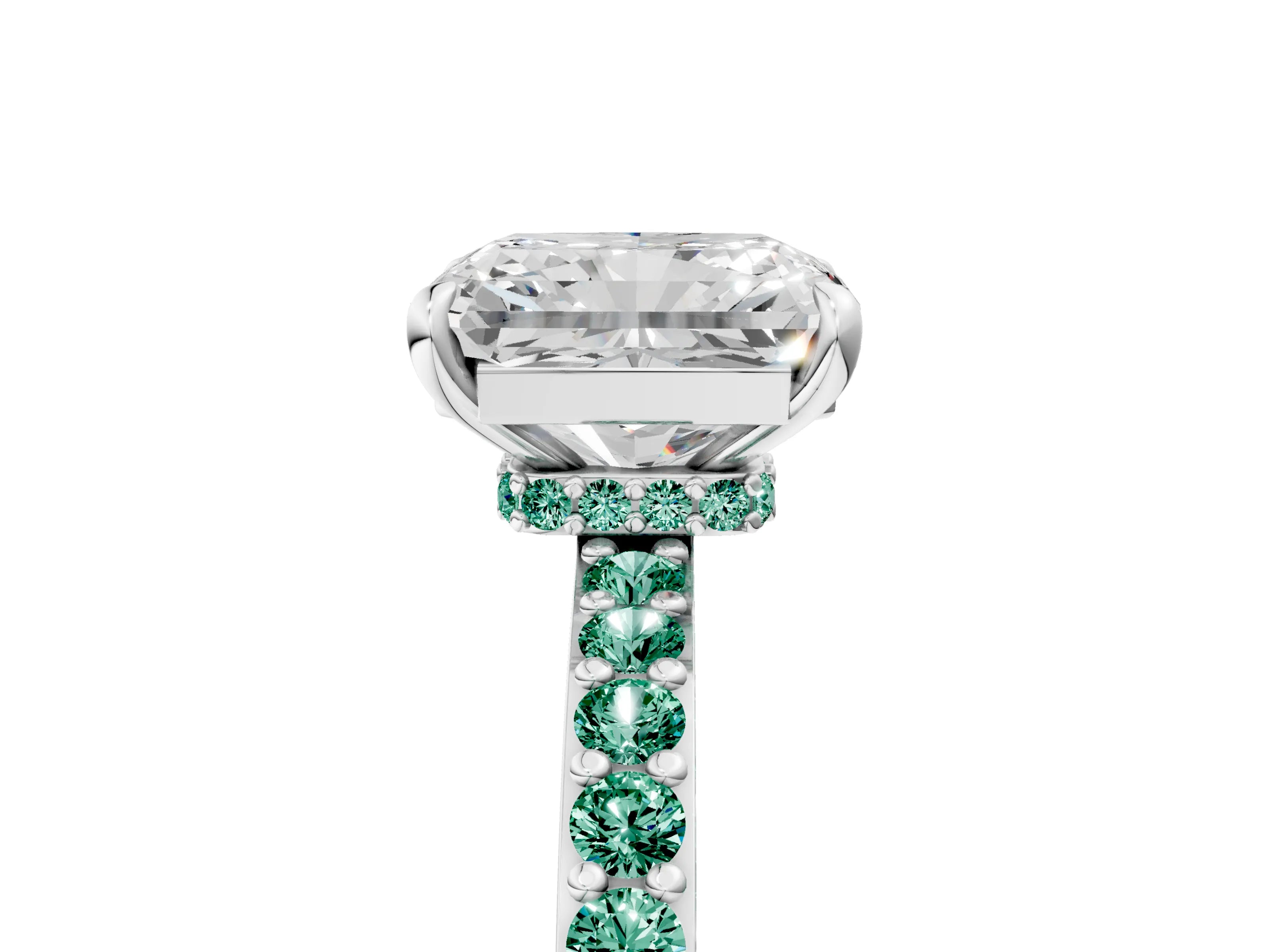 White gold Radiant Cut Diamond Pavé Engagement Ring with Round with Green Sapphire side stone Accents and Prong Setting_41