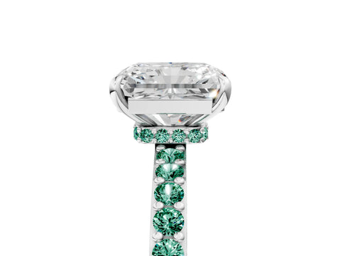 White gold Radiant Cut Diamond Pavé Engagement Ring with Round with Green Sapphire side stone Accents and Prong Setting_41