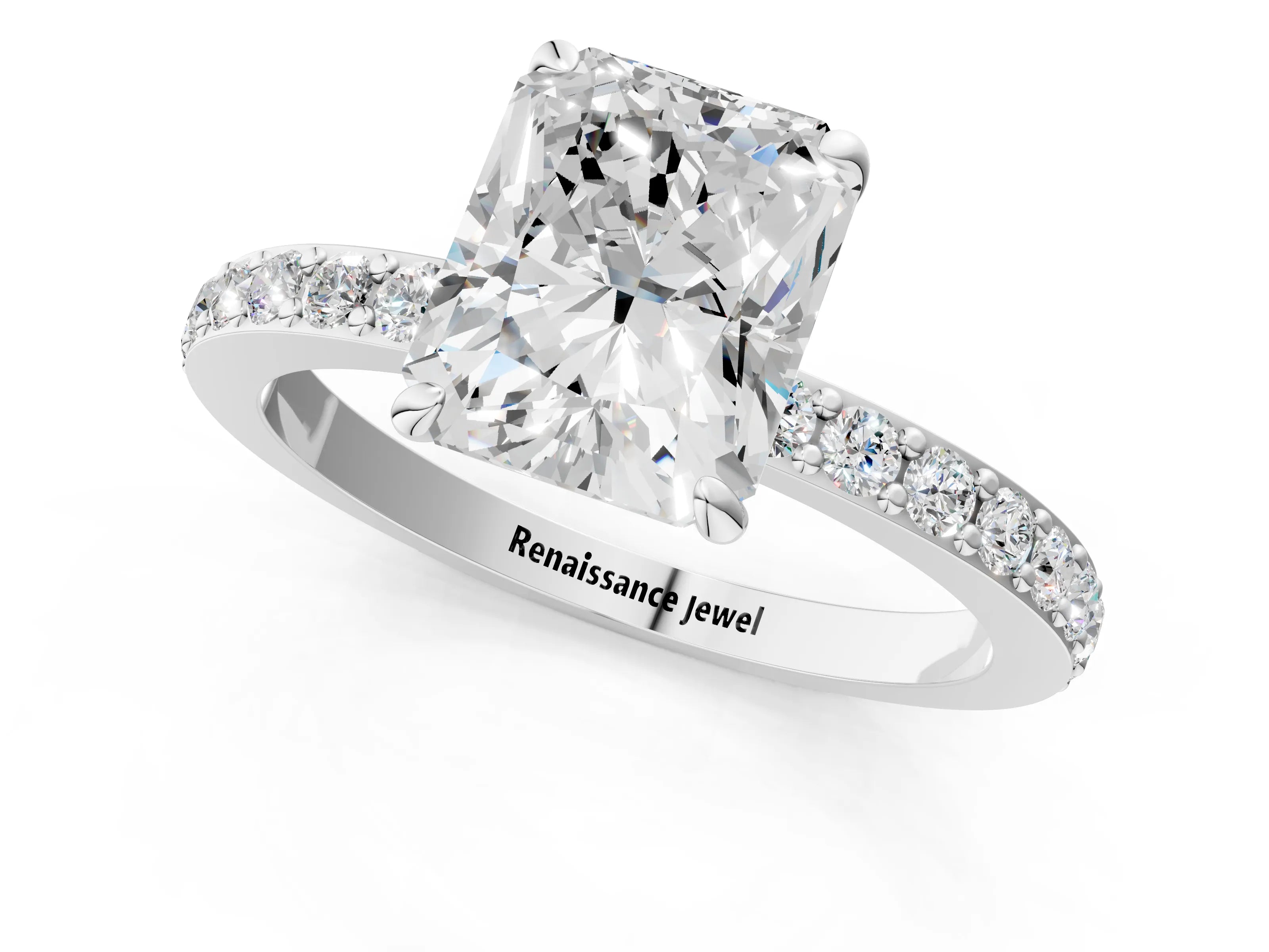 White gold Radiant Cut Diamond Pavé Engagement Ring with Round with Moissanite side stone Accents and Prong Setting_13