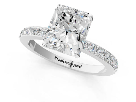 White gold Radiant Cut Diamond Pavé Engagement Ring with Round with Moissanite side stone Accents and Prong Setting_13
