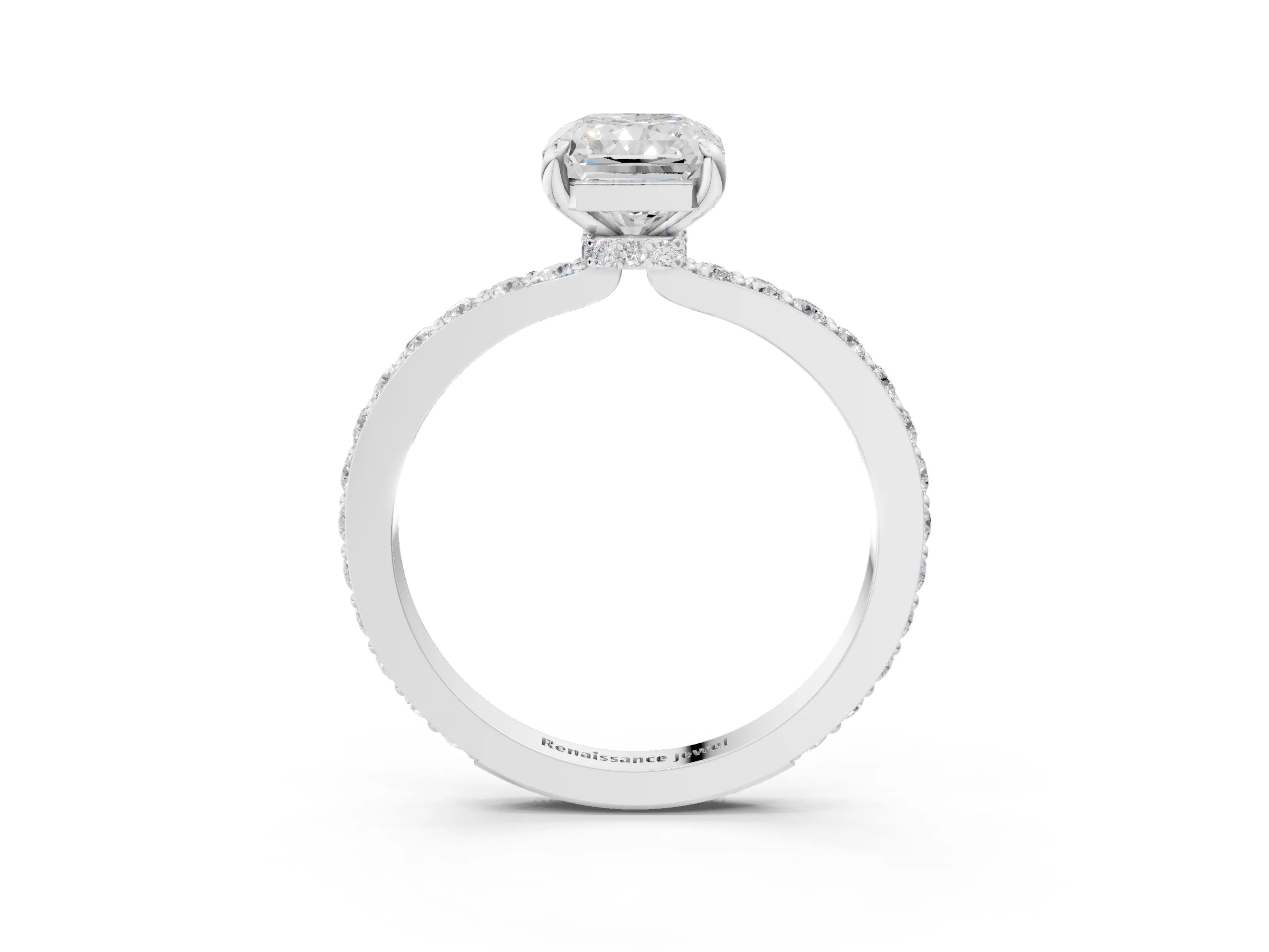 White gold Radiant Cut Diamond Pavé Engagement Ring with Round with Moissanite side stone Accents and Prong Setting_15