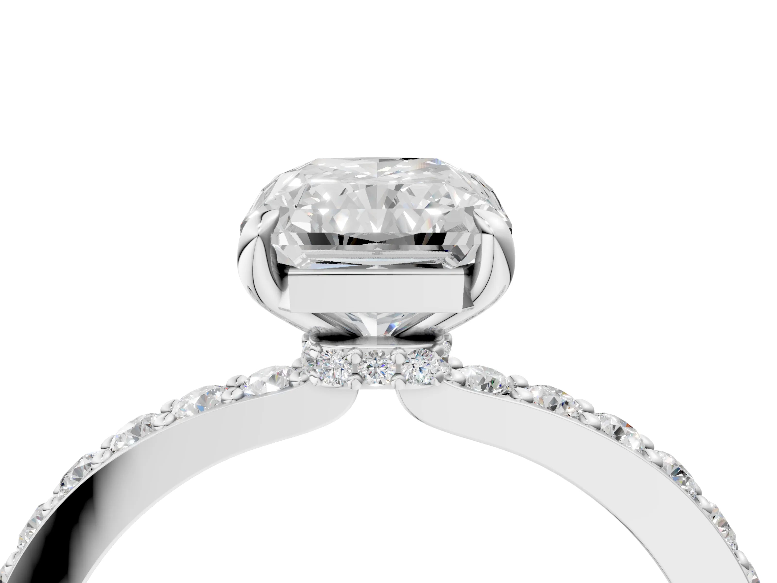 White gold Radiant Cut Diamond Pavé Engagement Ring with Round with Moissanite side stone Accents and Prong Setting_28