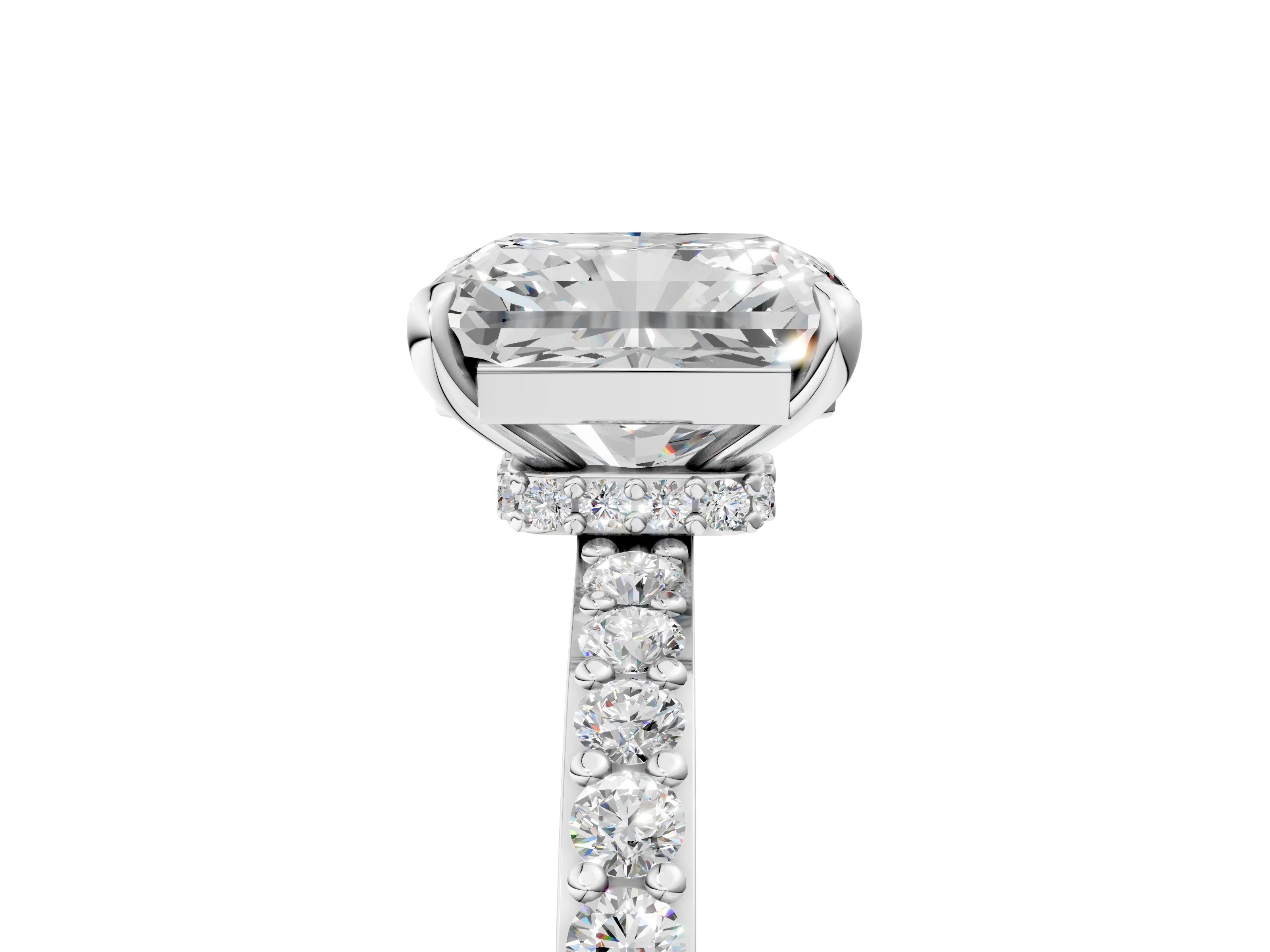 White gold Radiant Cut Diamond Pavé Engagement Ring with Round with Moissanite side stone Accents and Prong Setting_29
