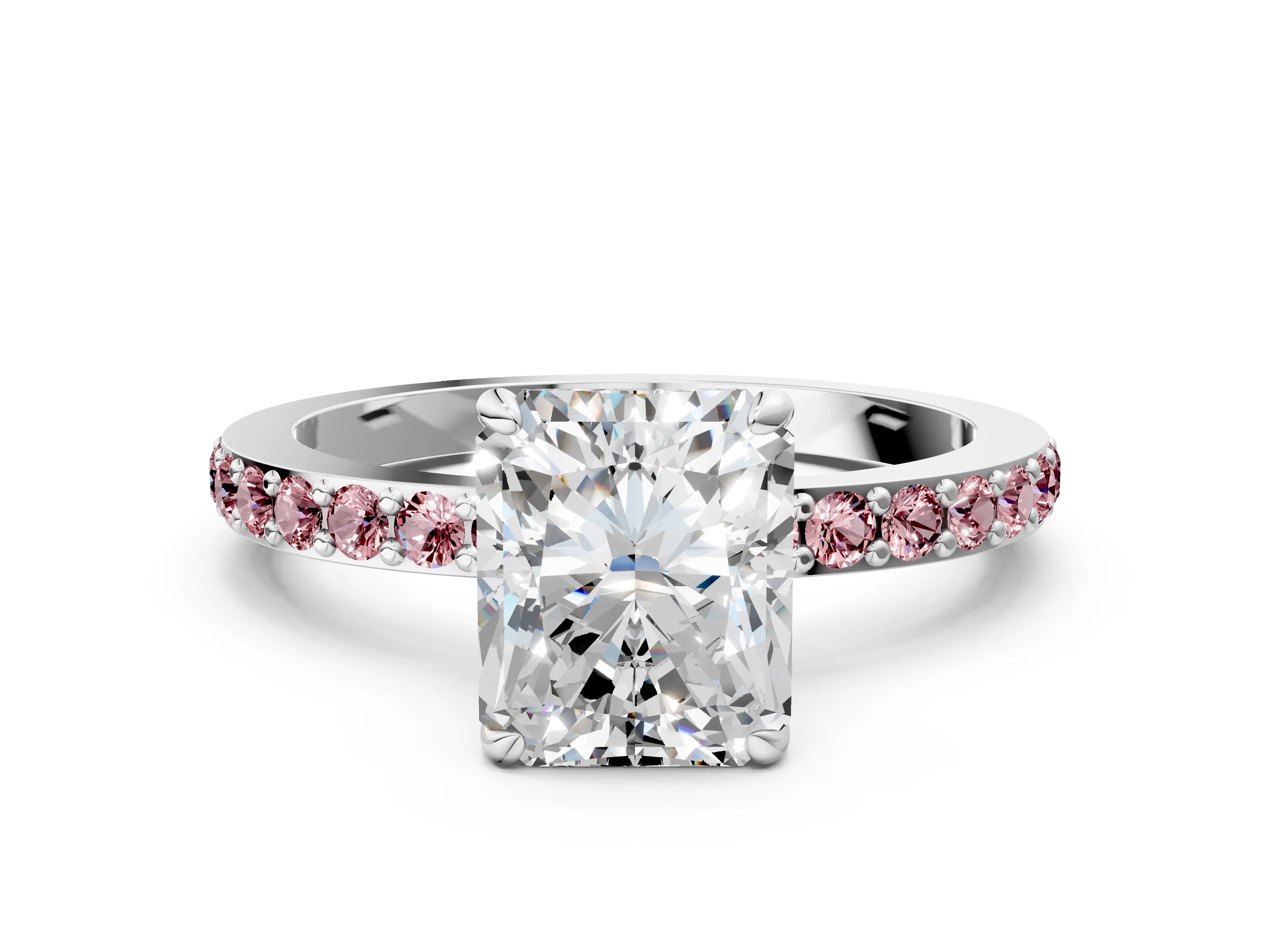 White gold Radiant Cut Diamond Pavé Engagement Ring with Round with Morganite side stone Accents and Prong Setting_12