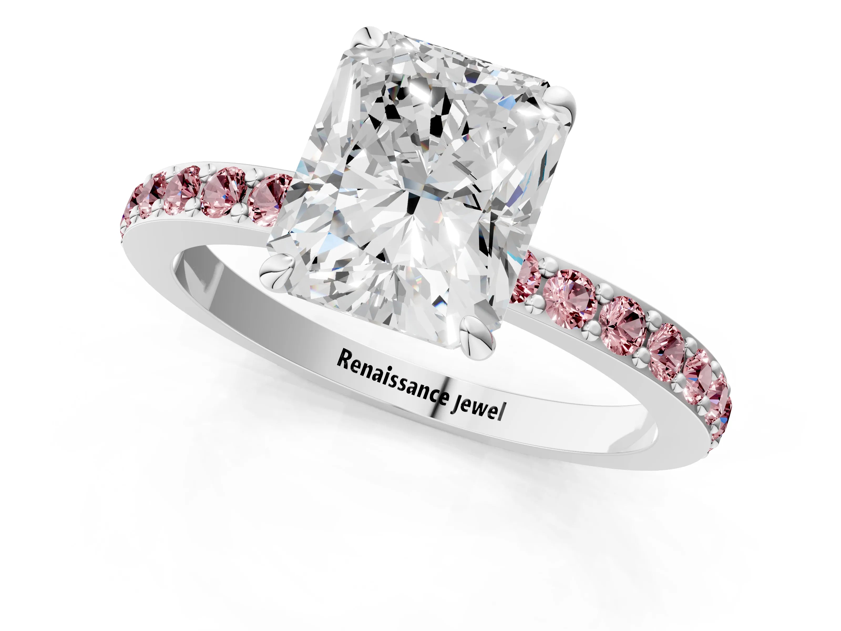 White gold Radiant Cut Diamond Pavé Engagement Ring with Round with Morganite side stone Accents and Prong Setting_13
