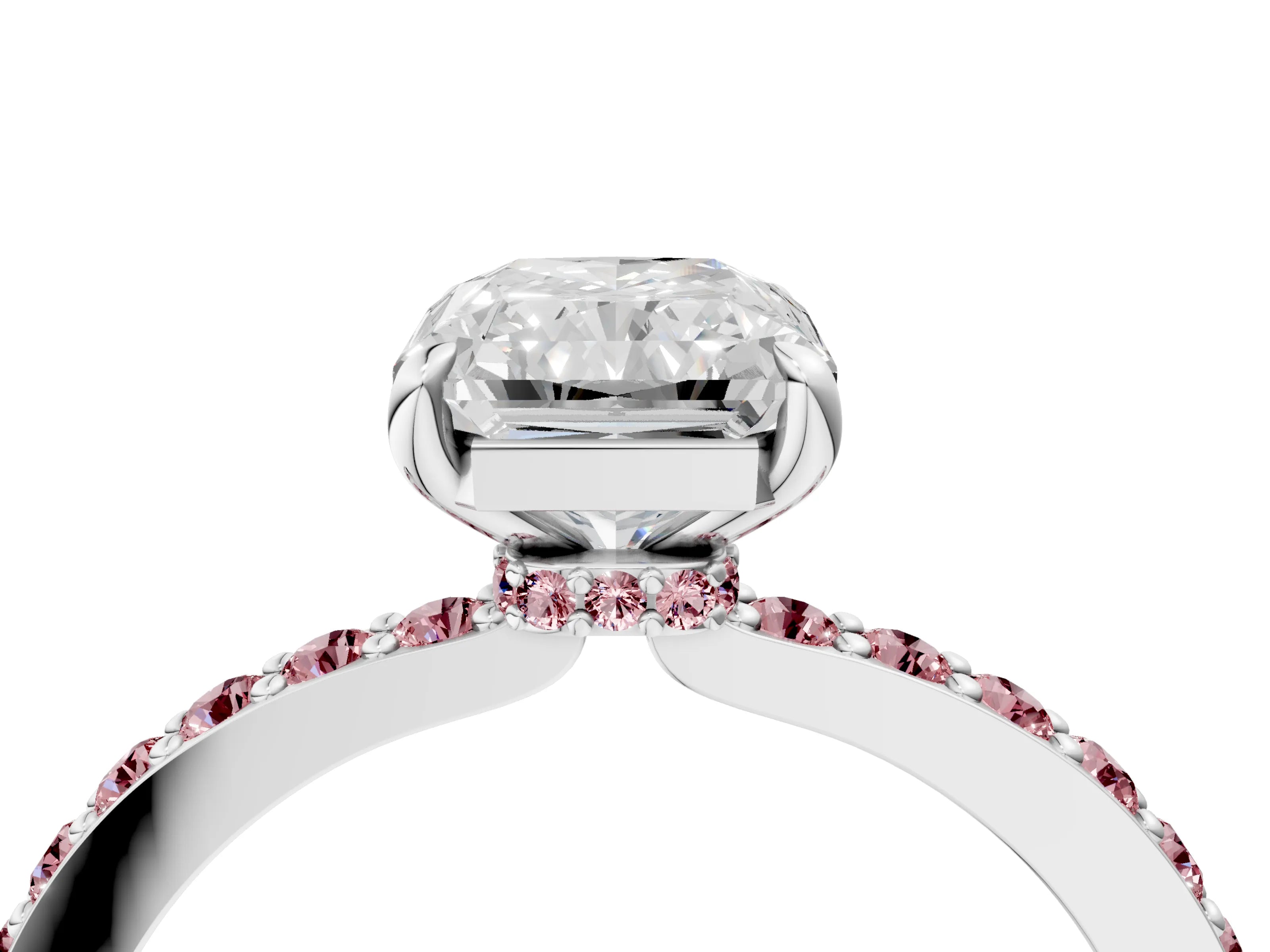 White gold Radiant Cut Diamond Pavé Engagement Ring with Round with Morganite side stone Accents and Prong Setting_16