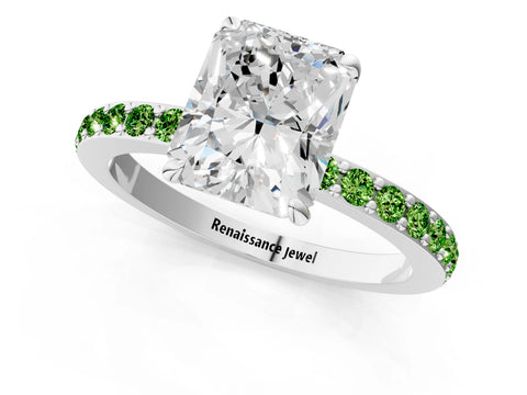 White gold Radiant Cut Diamond Pavé Engagement Ring with Round with Peridot side stone Accents and Prong Setting_13