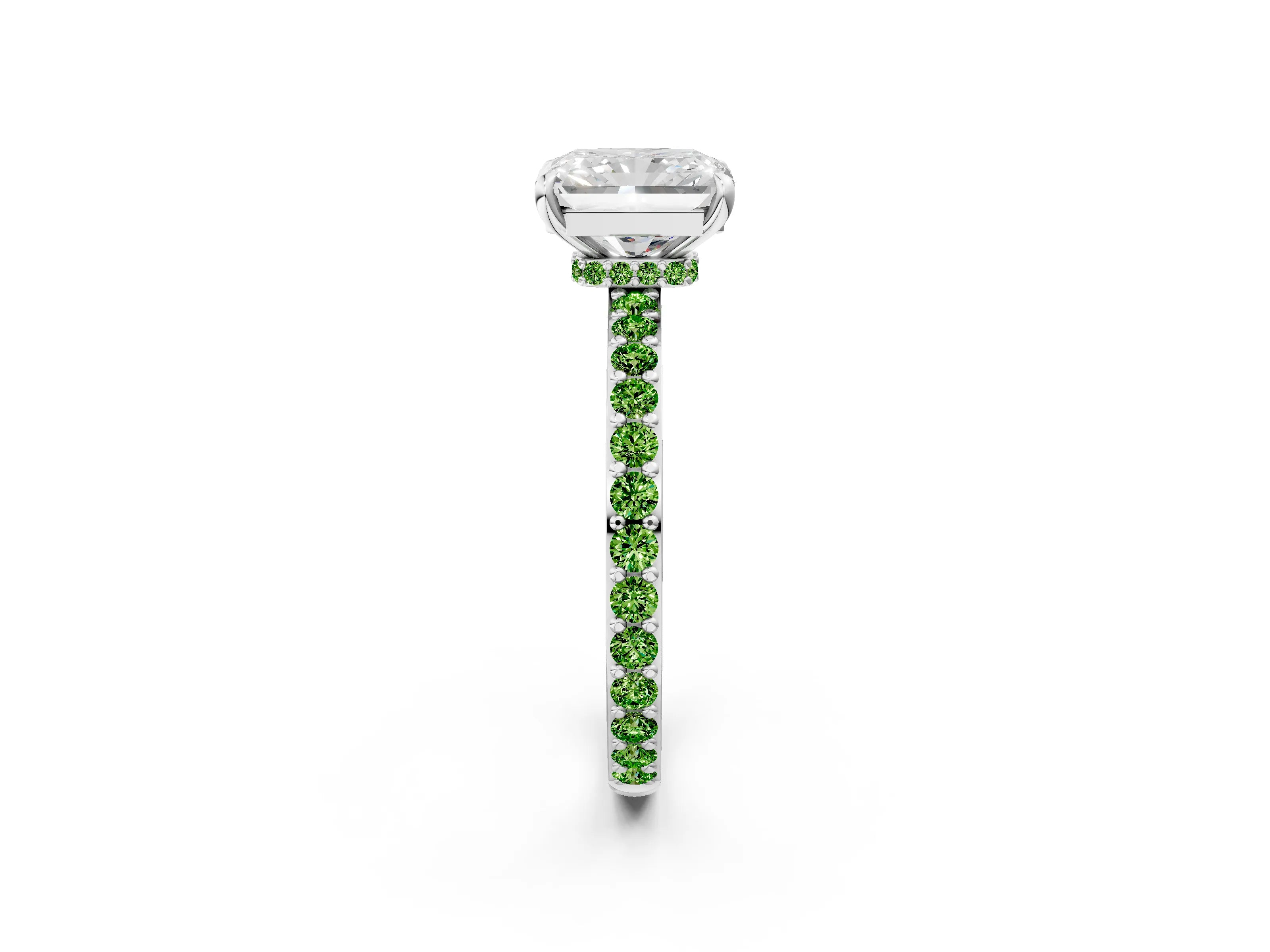 White gold Radiant Cut Diamond Pavé Engagement Ring with Round with Peridot side stone Accents and Prong Setting_14