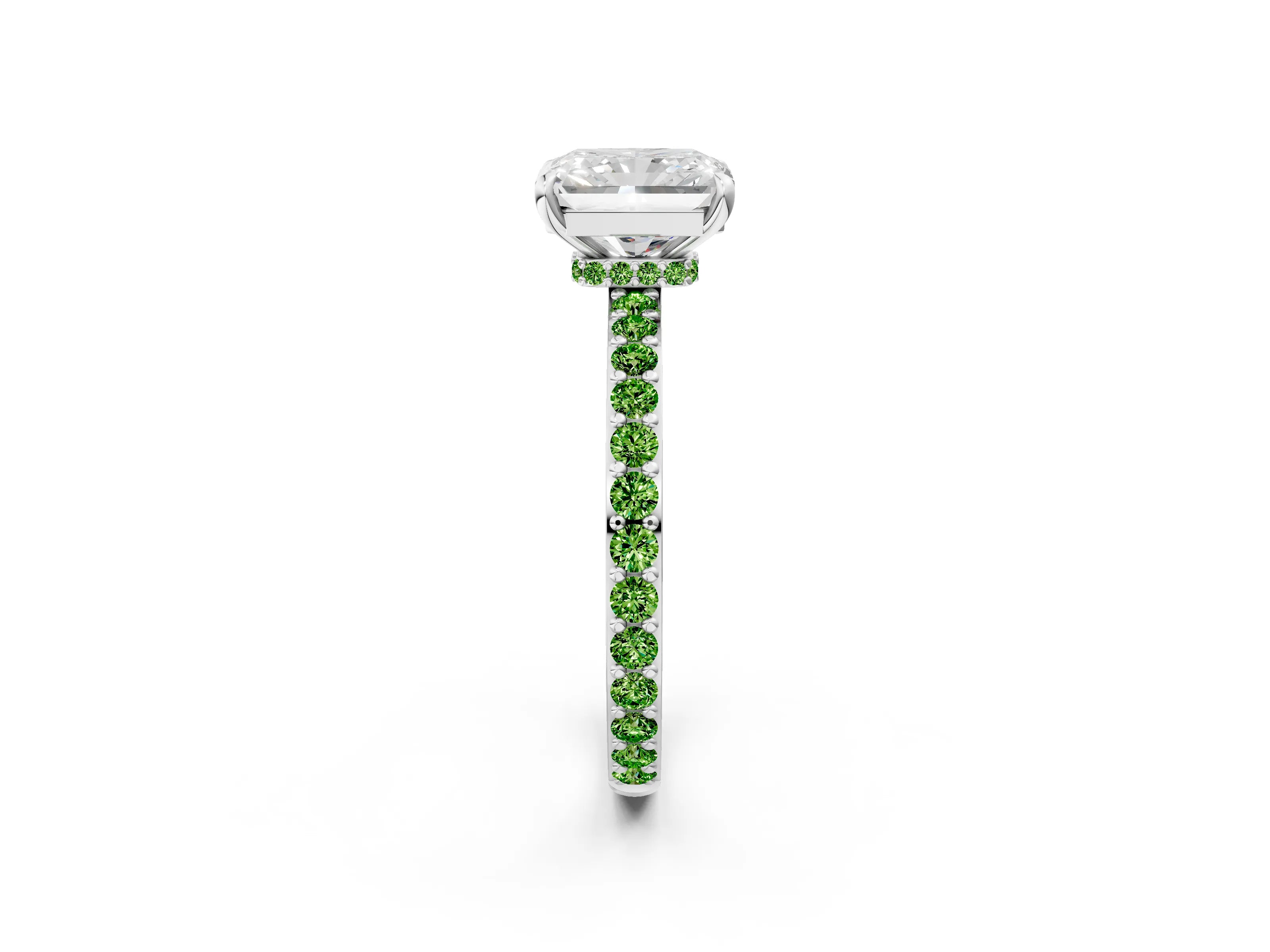 White gold Radiant Cut Diamond Pavé Engagement Ring with Round with Peridot side stone Accents and Prong Setting_20
