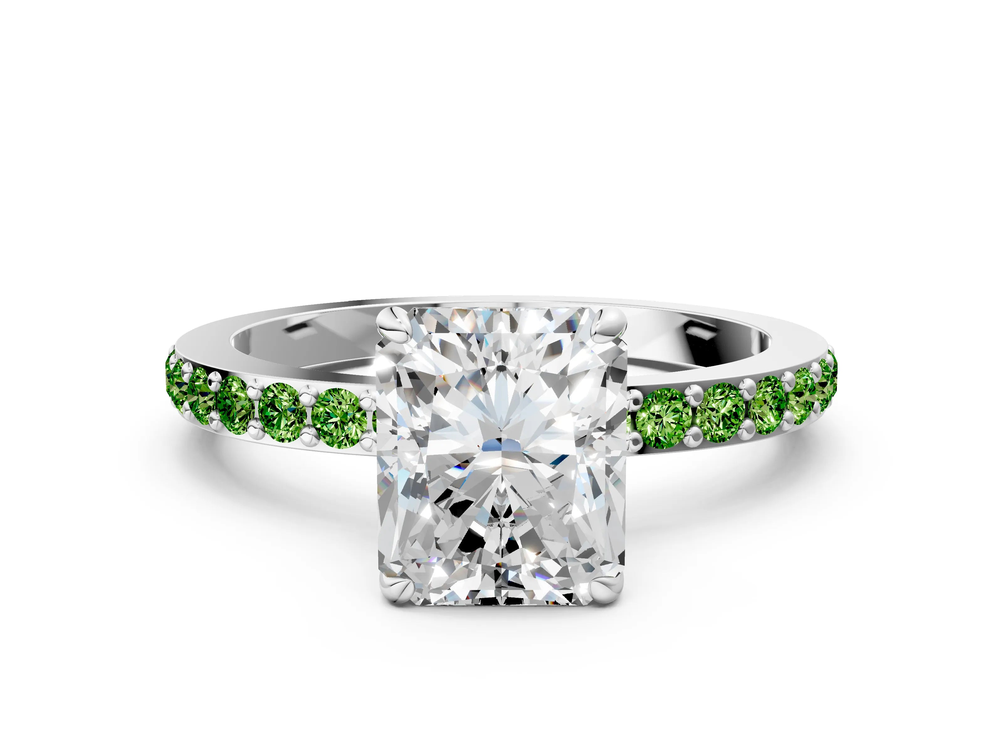 White gold Radiant Cut Diamond Pavé Engagement Ring with Round with Peridot side stone Accents and Prong Setting_36