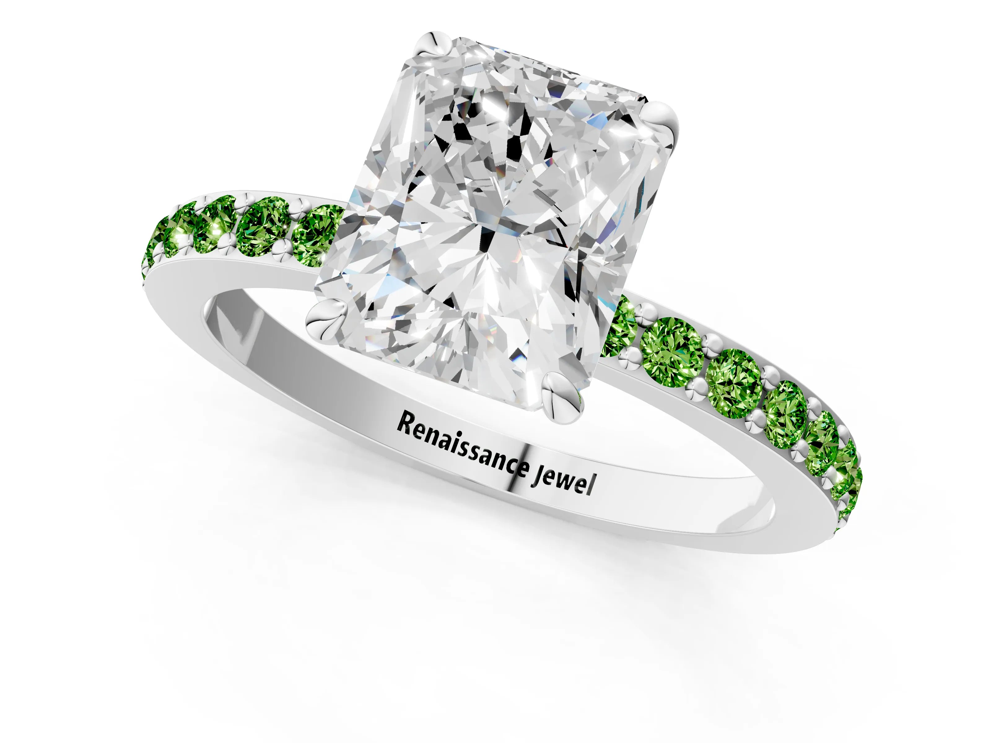 White gold Radiant Cut Diamond Pavé Engagement Ring with Round with Peridot side stone Accents and Prong Setting_37