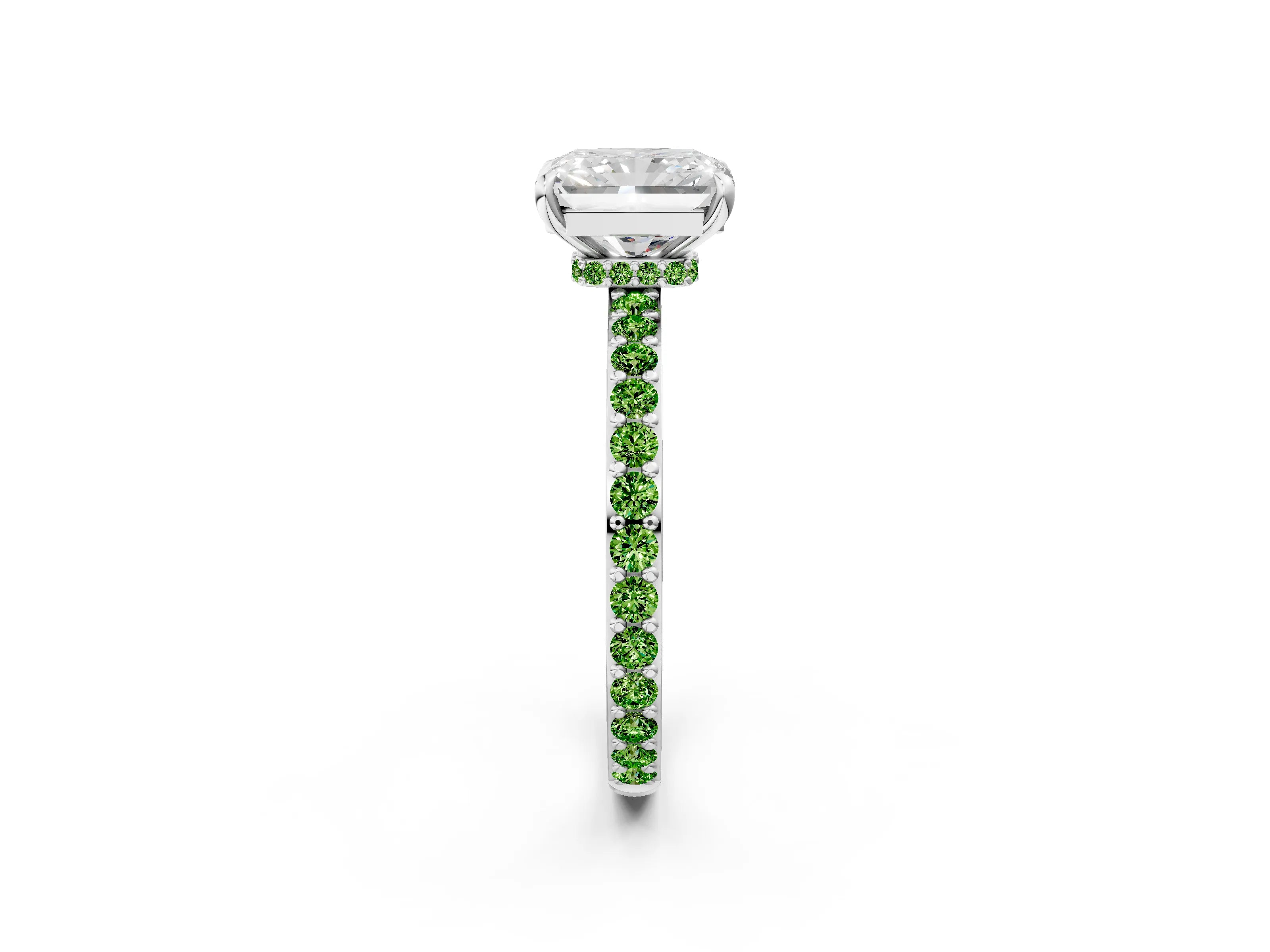 White gold Radiant Cut Diamond Pavé Engagement Ring with Round with Peridot side stone Accents and Prong Setting_38