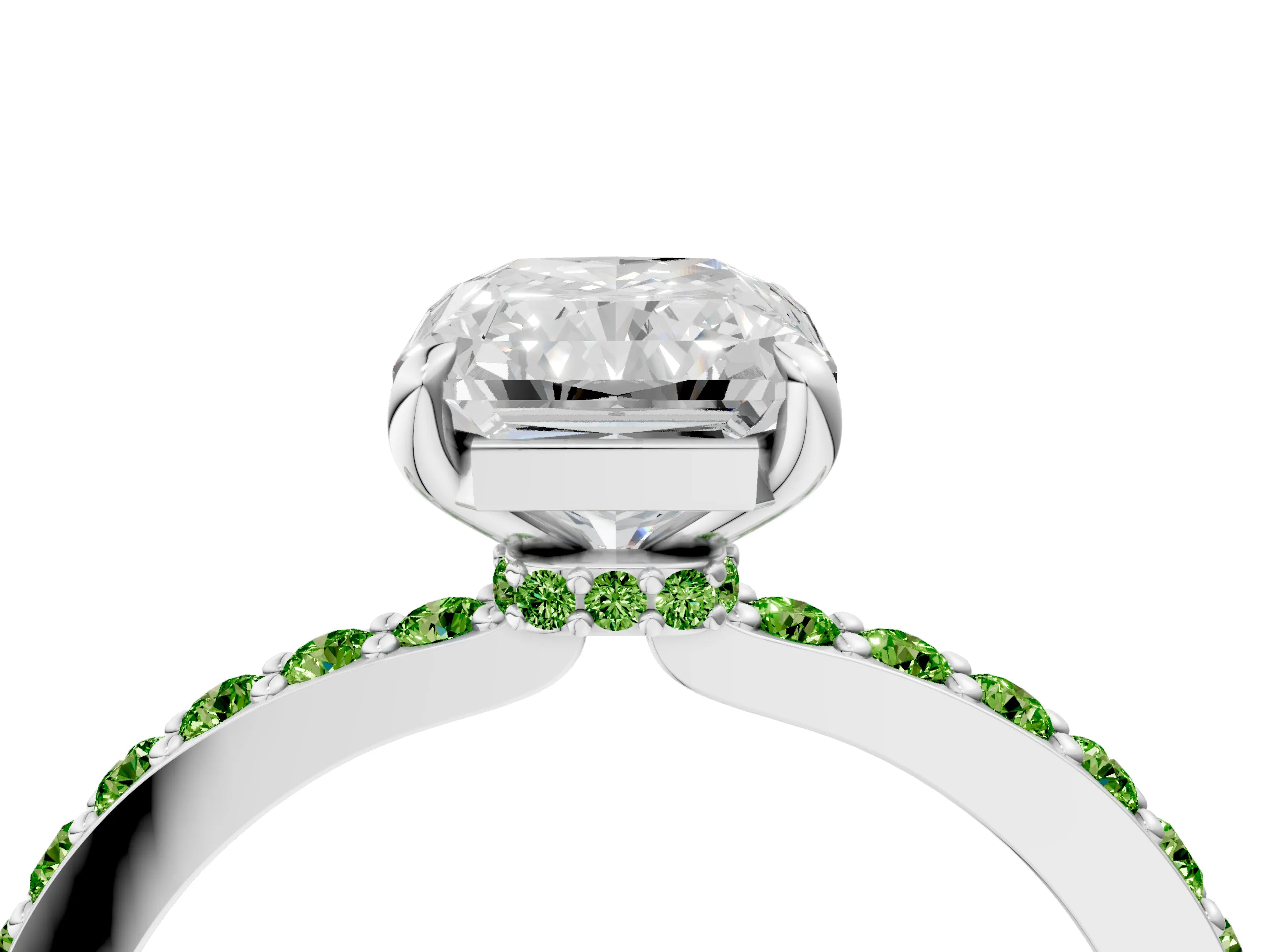 White gold Radiant Cut Diamond Pavé Engagement Ring with Round with Peridot side stone Accents and Prong Setting_40