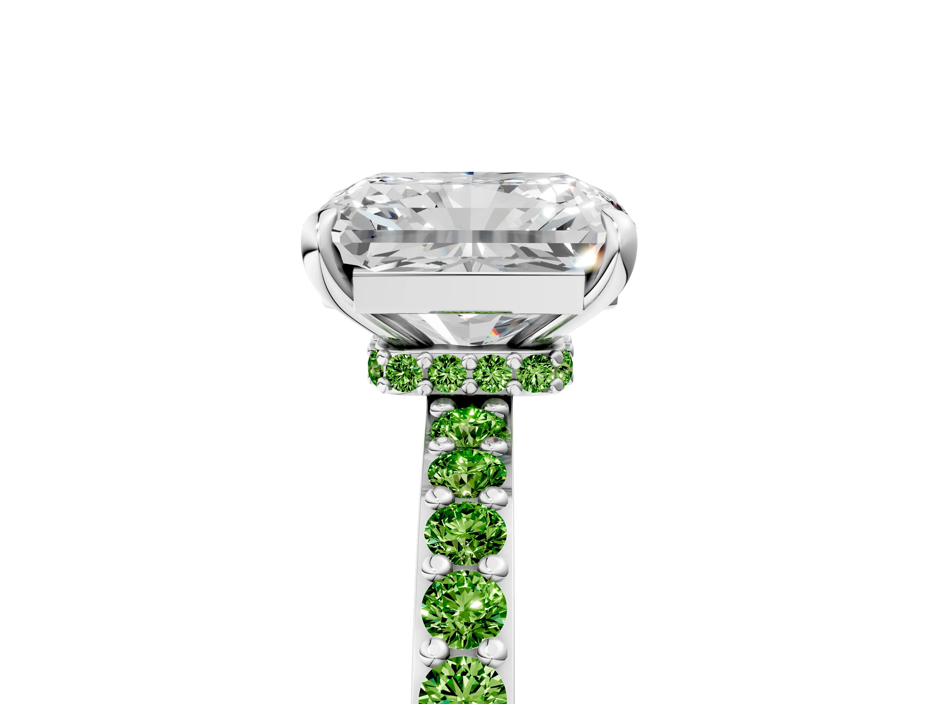 White gold Radiant Cut Diamond Pavé Engagement Ring with Round with Peridot side stone Accents and Prong Setting_41