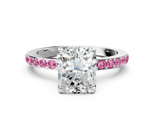 Platinum Radiant Cut Hidden Halo Engagement Ring Setting with Lab-Grown Pink Sapphire Pave Band