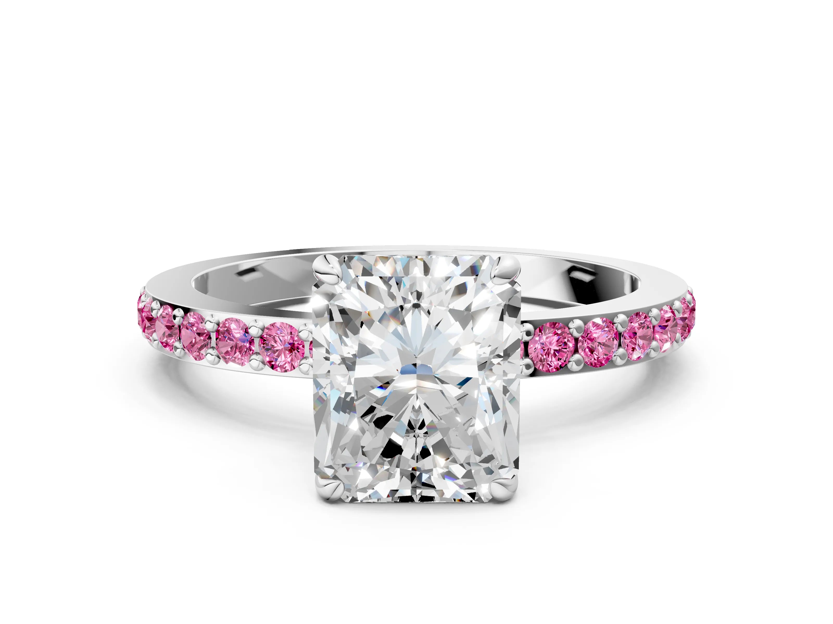 White gold Radiant Cut Diamond Pavé Engagement Ring with Round with Pink Sapphire side stone Accents and Prong Setting_12