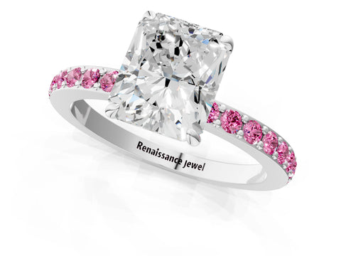 White gold Radiant Cut Diamond Pavé Engagement Ring with Round with Pink Sapphire side stone Accents and Prong Setting_13