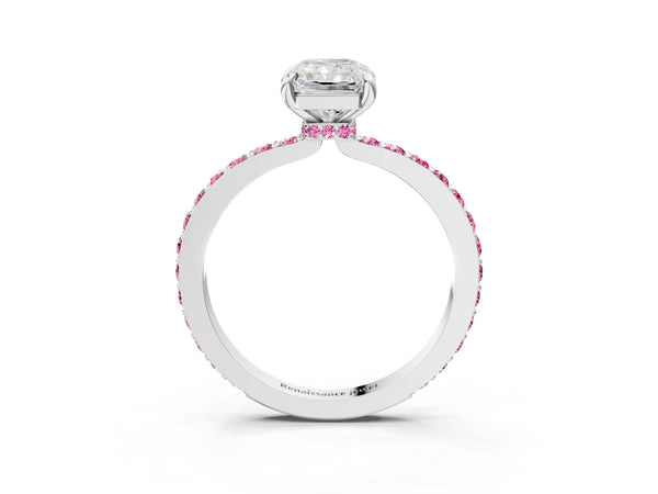 Platinum Radiant Cut Hidden Halo Engagement Ring Setting with Lab-Grown Pink Sapphire Pave Band