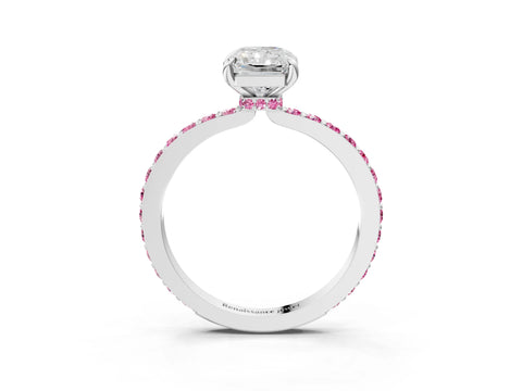 White gold Radiant Cut Diamond Pavé Engagement Ring with Round with Pink Sapphire side stone Accents and Prong Setting_15