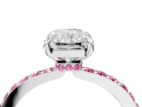 White gold Radiant Cut Diamond Pavé Engagement Ring with Round with Pink Sapphire side stone Accents and Prong Setting_16