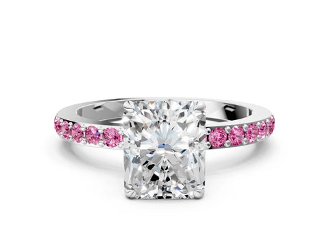 White gold Radiant Cut Diamond Pavé Engagement Ring with Round with Pink Sapphire side stone Accents and Prong Setting_24