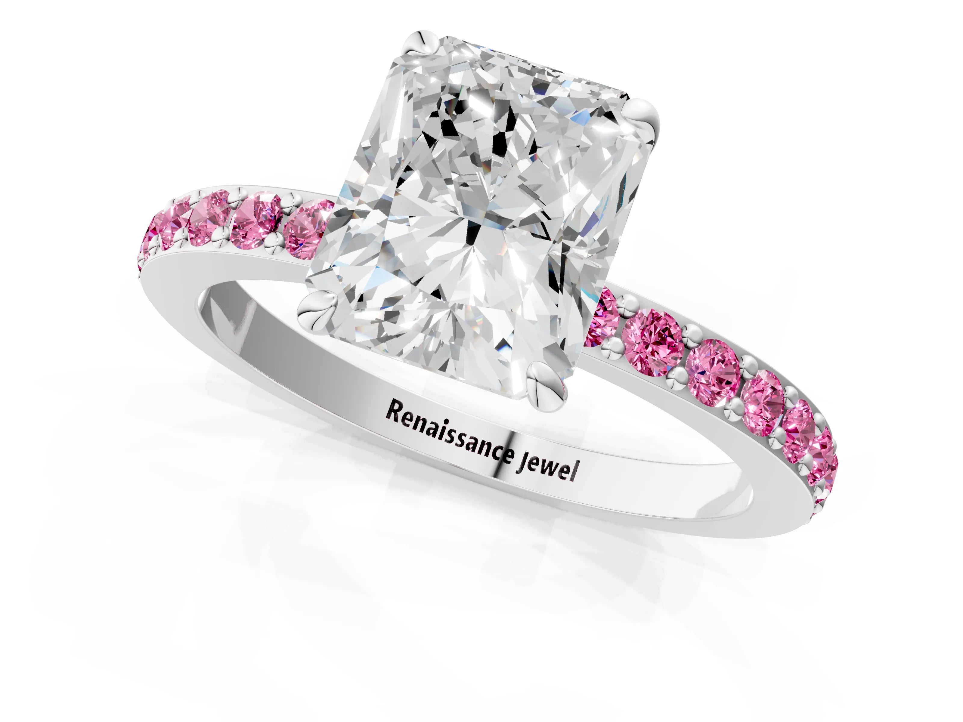 White gold Radiant Cut Diamond Pavé Engagement Ring with Round with Pink Sapphire side stone Accents and Prong Setting_25