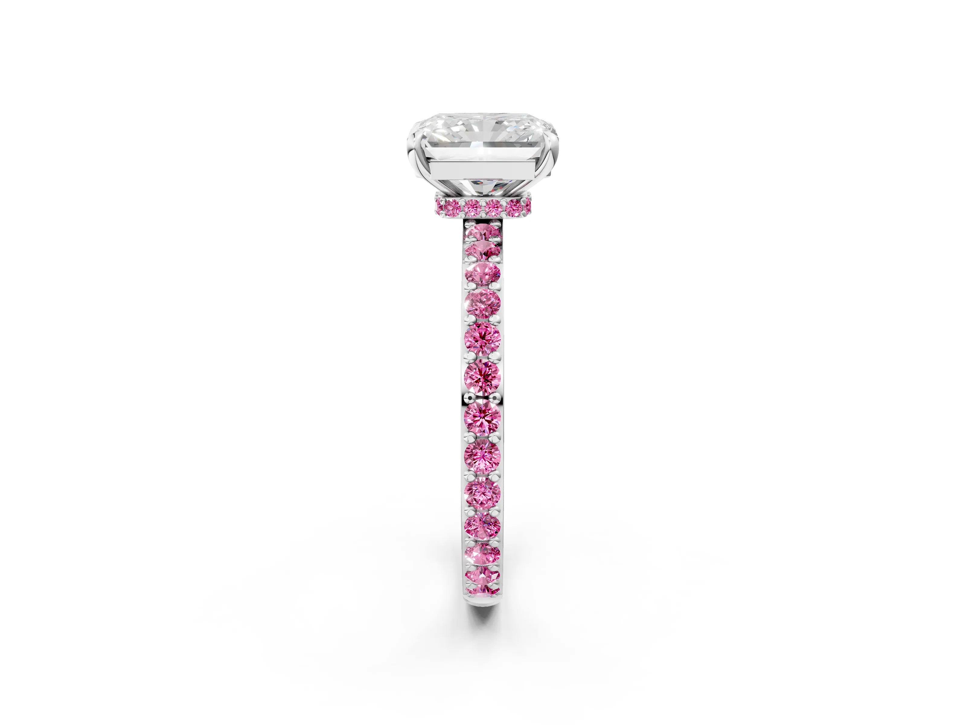 White gold Radiant Cut Diamond Pavé Engagement Ring with Round with Pink Sapphire side stone Accents and Prong Setting_26