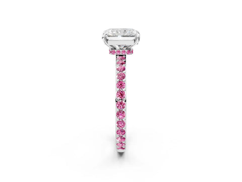 White gold Radiant Cut Diamond Pavé Engagement Ring with Round with Pink Sapphire side stone Accents and Prong Setting_26