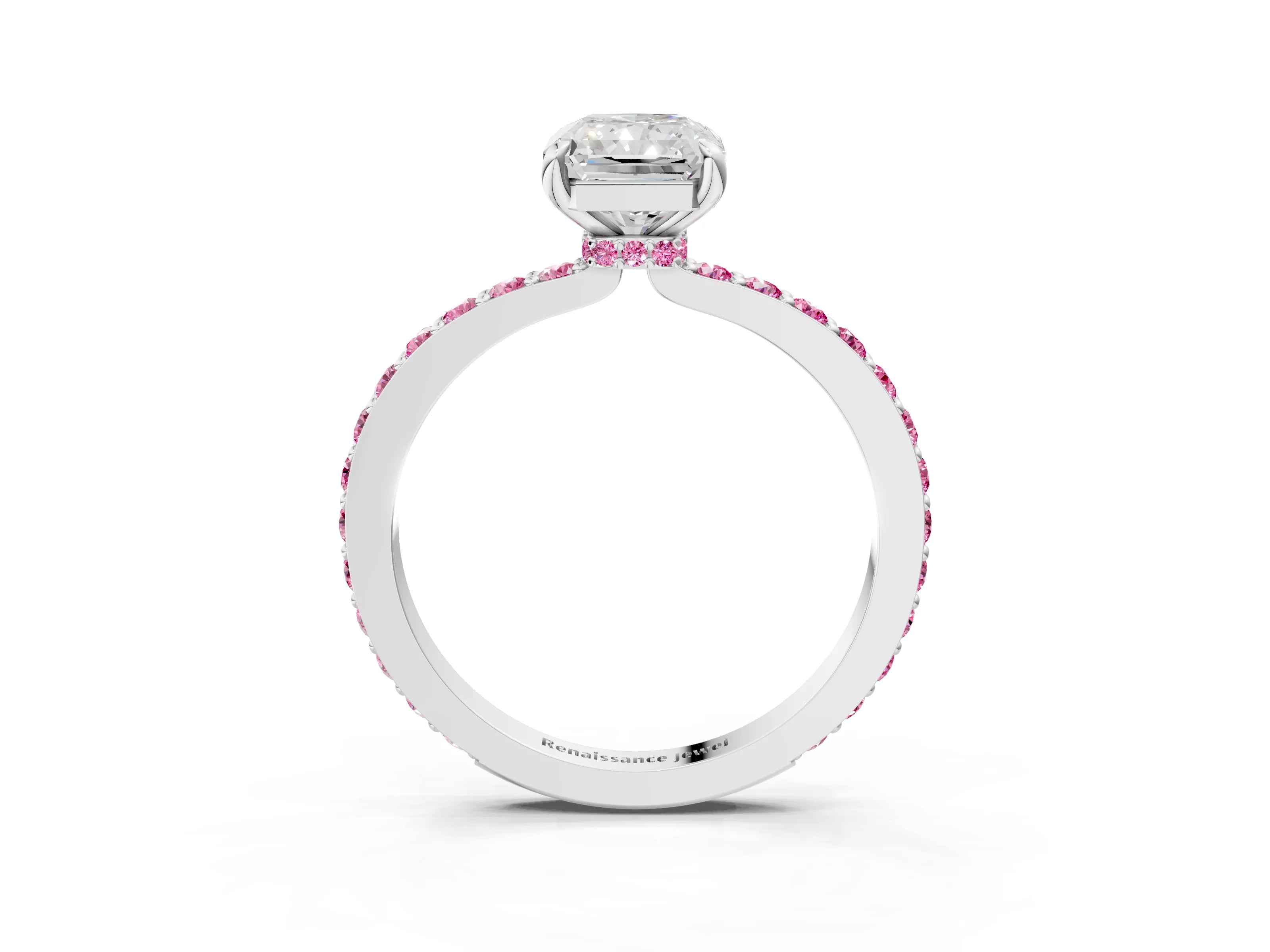 White gold Radiant Cut Diamond Pavé Engagement Ring with Round with Pink Sapphire side stone Accents and Prong Setting_27